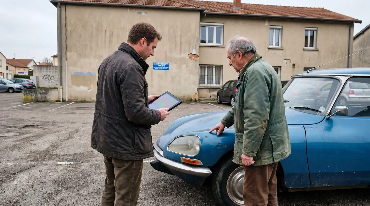 Deux personnes debout près d'un véhicule de collection, l'une tenant une tablette, l'autre montrant un détail sur la carrosserie, vues de profil en lumière naturelle extérieure