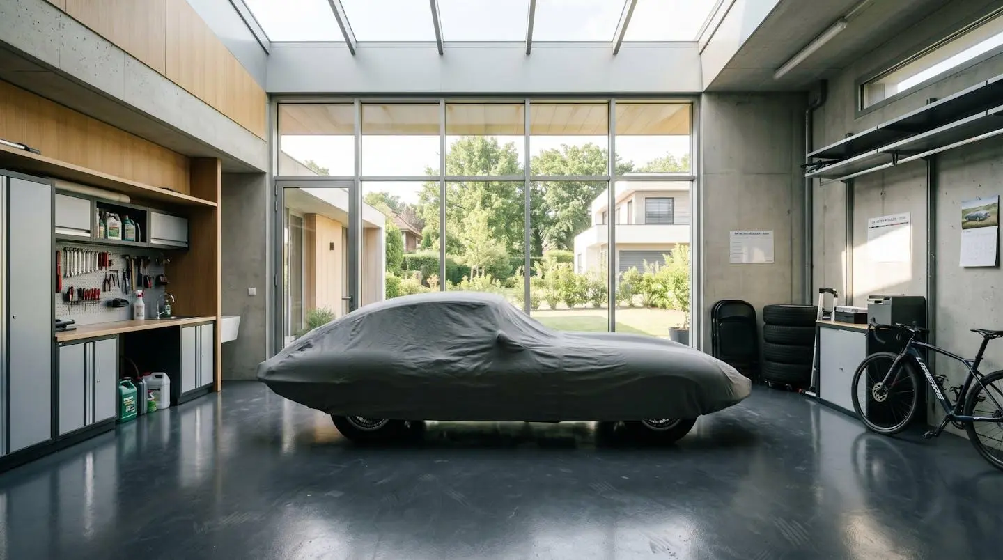 Vue large d'un garage privé moderne et lumineux avec une voiture de collection sous housse respirante, éclairage naturel par grandes baies vitrées, sol époxy propre
