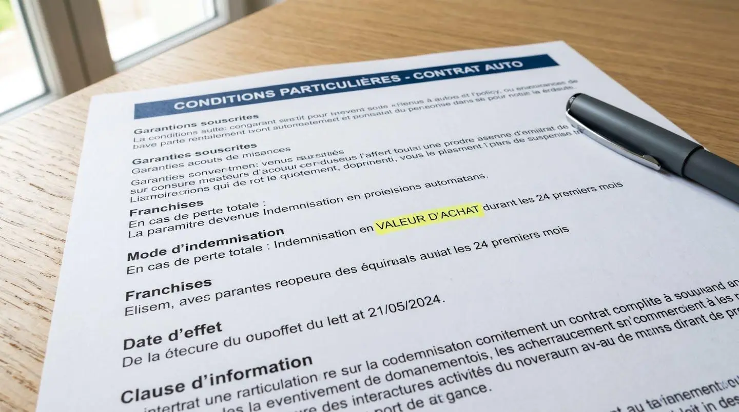 Gros plan sur des conditions particulières d'un contrat d'assurance automobile posées sur un bureau moderne, focus sur la ligne Mode d'indemnisation avec mention Valeur d'achat surlignée, stylo à côté
