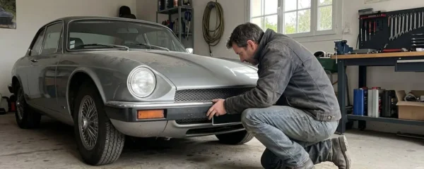 Un propriétaire vu de profil examine l'avant de sa voiture de collection dans un garage privé éclairé par la lumière naturelle latérale