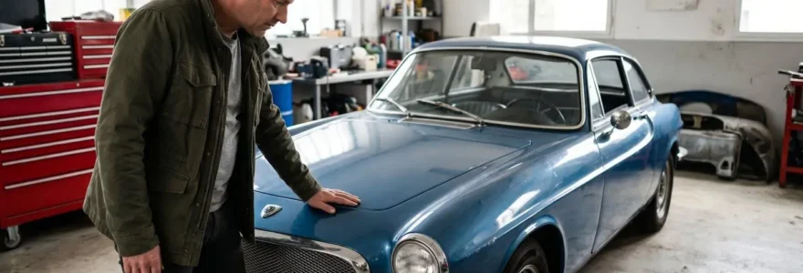 Un propriétaire vu de profil examine l'avant de sa voiture de collection dans un garage privé éclairé par la lumière naturelle latérale