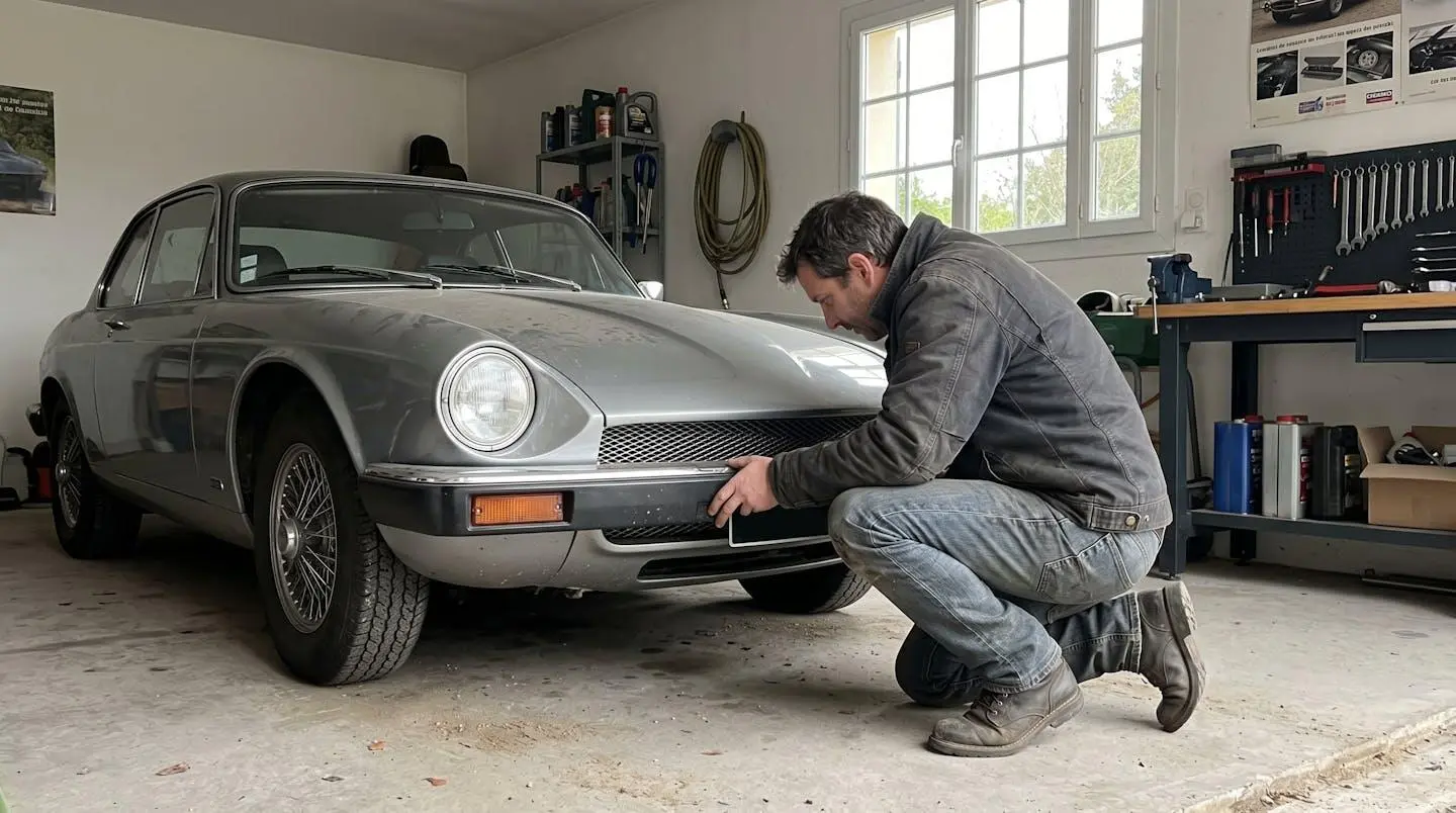 Un propriétaire vu de profil examine l'avant de sa voiture de collection dans un garage privé éclairé par la lumière naturelle latérale